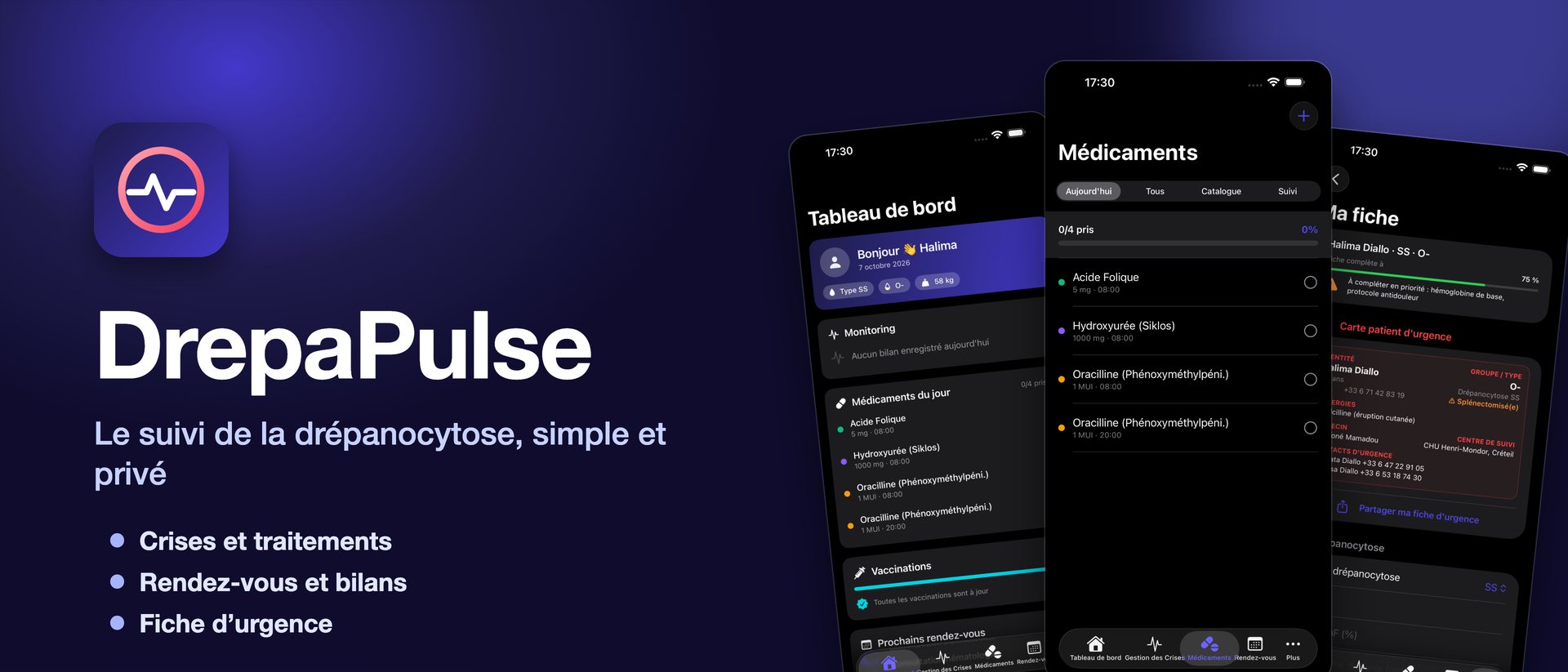 DrepaPulse : le suivi de la drépanocytose, simple et privé — aperçu de l'application sur iPhone