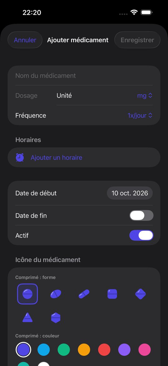 Choix de l'icône d'un comprimé : forme puis couleur